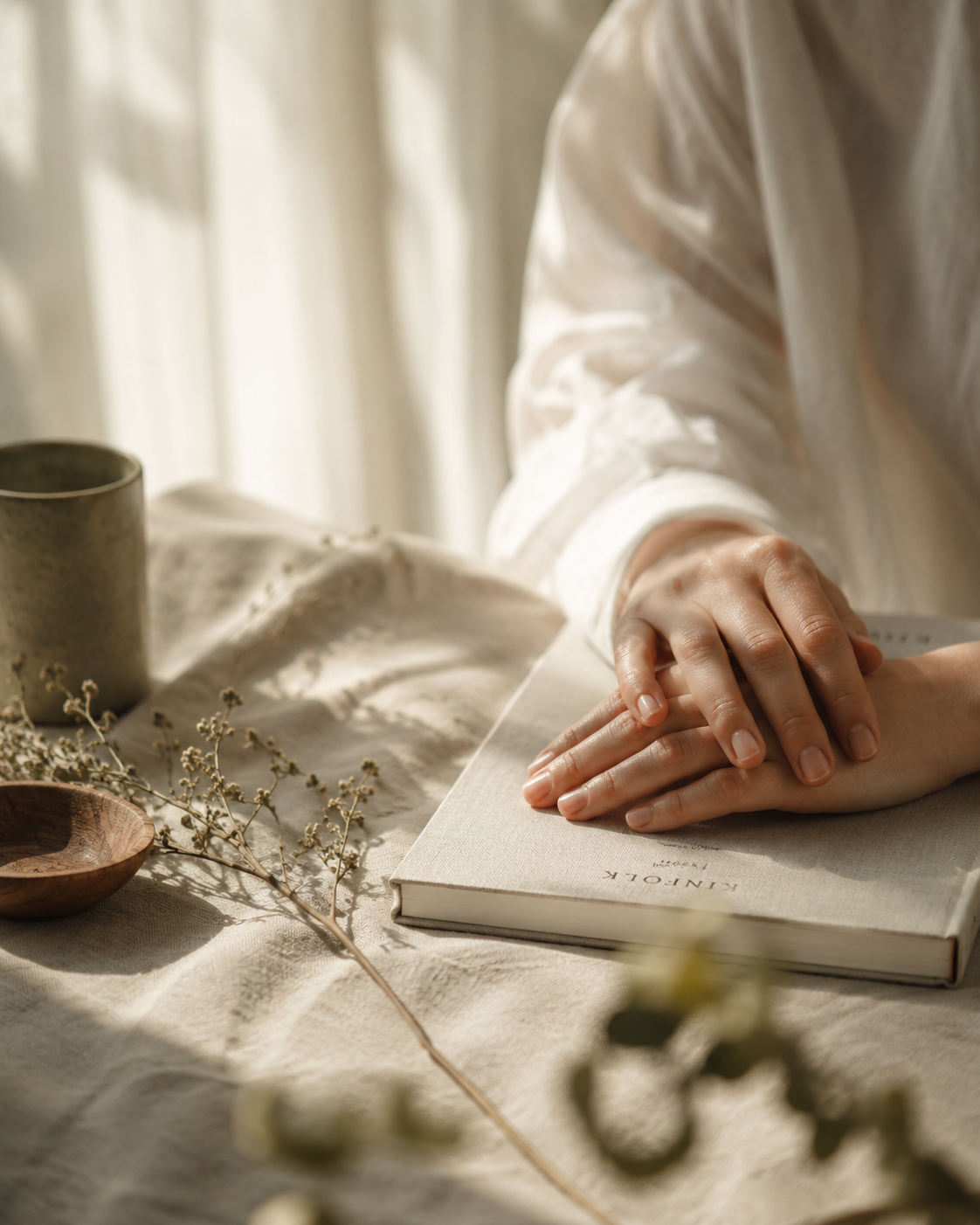 Hands resting on a linen-bound book in soft morning light